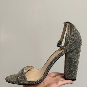 Forever 21 Sparkling Silver 7.5 Ankle Strap Heels, Metallic -- Shoes Worn Once